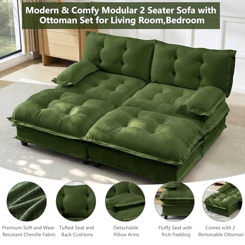 Deep Loveseat Couch with Ottomans,Modular Sectional 2 Seater Cloud Sofa with Ottoman,Tufted Chenille Double Chaise Sofas,Modern Lounger Couches for Living Room Small Spaces - color: Green, size: 2+2