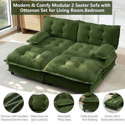 Deep Loveseat Couch with Ottomans,Modular Sectional 2 Seater Cloud Sofa with Ottoman,Tufted Chenille Double Chaise Sofas,Modern Lounger Couches for Living Room Small Spaces - color: Green, size: 2+2