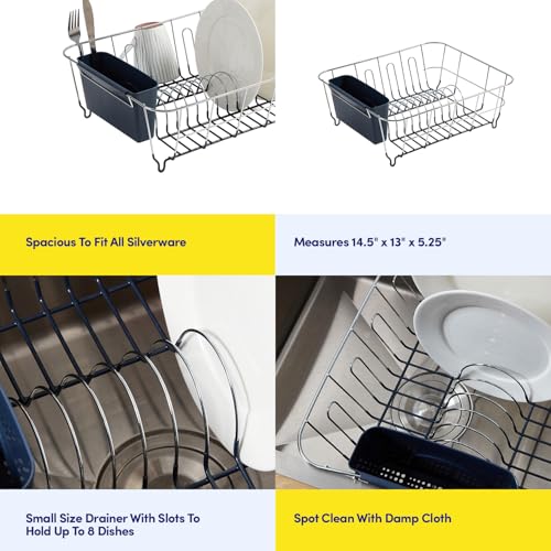 Dish Drying Rack & Cutlery Holder 2 Piece Set - Compact Sink-Fitting Dish Drainer with Rubberized Undercoating, Space-Saving Kitchen Organizer for Plates, Cups, Bowls & Utensils in Sink, Navy Blue - color: Navy Blue