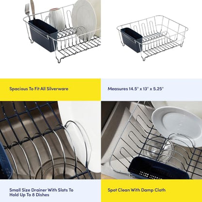Dish Drying Rack & Cutlery Holder 2 Piece Set - Compact Sink-Fitting Dish Drainer with Rubberized Undercoating, Space-Saving Kitchen Organizer for Plates, Cups, Bowls & Utensils in Sink, Navy Blue - color: Navy Blue
