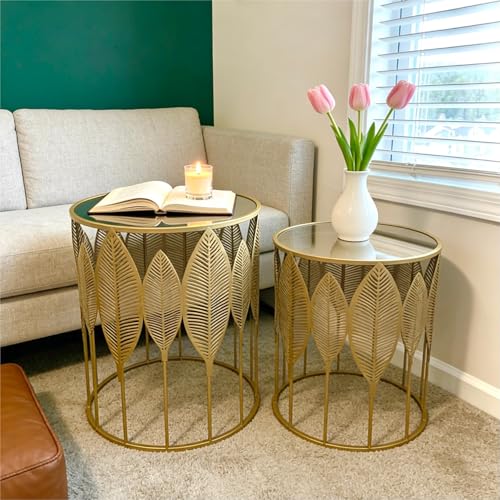 Homebeez Gold Nesting Tables Set of 2, Stainless Steel Top Round End Table | with Glam Leaf Design for Living Room & Bedroom, No Assembly Required - color: Gold Leaf