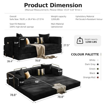 79" Convertible Futon Sofa Bed, Boneless Couch for Living Room | Pet scratch-resistant velour, dual-firmness full-block foam cushions, pull-out sleeper couch, no assembly, Black - color: Black, size: 78IN