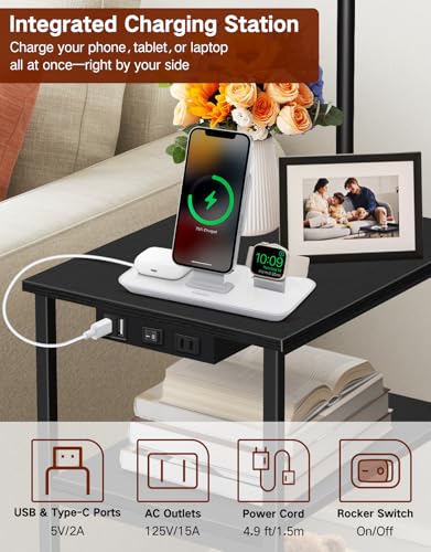 Floor Lamp with Table & Remote, Side End Table with Charging Station, Dimmable Nightstand with 3 Color Temperatures, 1-Hour Timer, 12W LED Bulb, for Living Room, Bedroom(Black) - color: Black