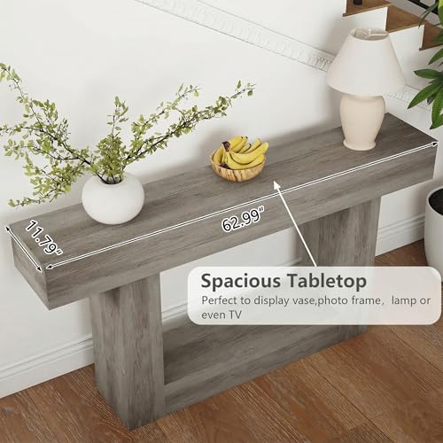 Spaco 63'' Long Console Table,2 Tier Farmhouse Entryway Table Sofa Table with Storage,Wood Behind Couch Table for Living Room, Hallway,Foyer - color: Grey (63'')
