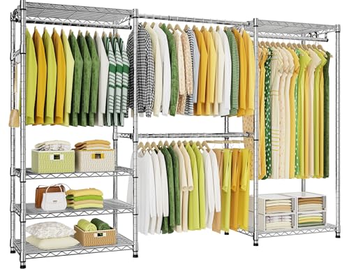 E1 Heavy Duty Closet Garment Rack, 6 Tiers Adjustable Clothing Storage | Metal Freestanding Expandable Clothes Rack with 4 Hanger Rods, Easy to Assemble Wardrobe, Chrome - color: Chrome