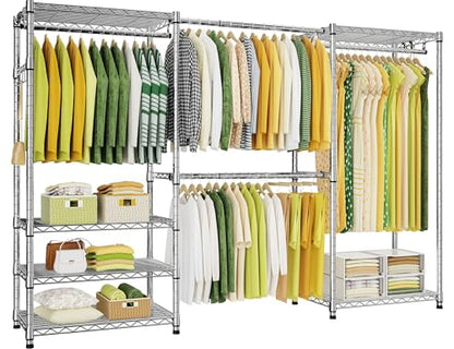 E1 Heavy Duty Closet Garment Rack, 6 Tiers Adjustable Clothing Storage | Metal Freestanding Expandable Clothes Rack with 4 Hanger Rods, Easy to Assemble Wardrobe, Chrome - color: Chrome