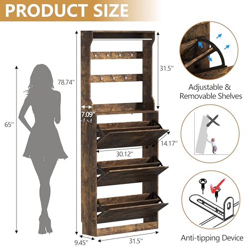 Tall Shoe Cabinet with Coat Rack, Hidden Shoe Storage Cabinet with Doors & Drawer, Hanging Bar & Hooks, Slim Narrow Freestanding Shoe Rack Organizer for Entryway, Hallway & Living Room, Brown - color: Brown, style: Tall 3 Drawers