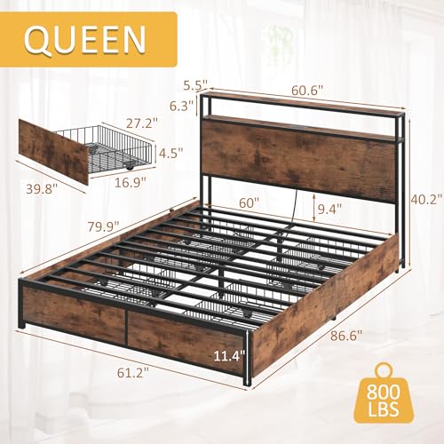 Lifezone Queen Bed Frame with 2-Tier Storage Headboard, Metal Platform Bed Frame with 4 Storage Drawers, Built in Charging Station & LED, Noise-Free/Metal Support/No Box Spring Needed, Vintage Brown - color: Vintage Brown, size: Queen