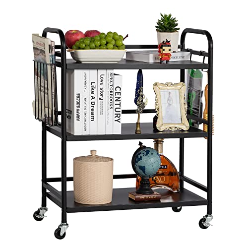 HDANI 3 Tier Metal Rolling Utility Cart,High Capacity Multi Purpose Heavy Duty Cart for Office,Kitchen,Living Room,Bedroom,Black - color: Black, size: Large Solid with Basket