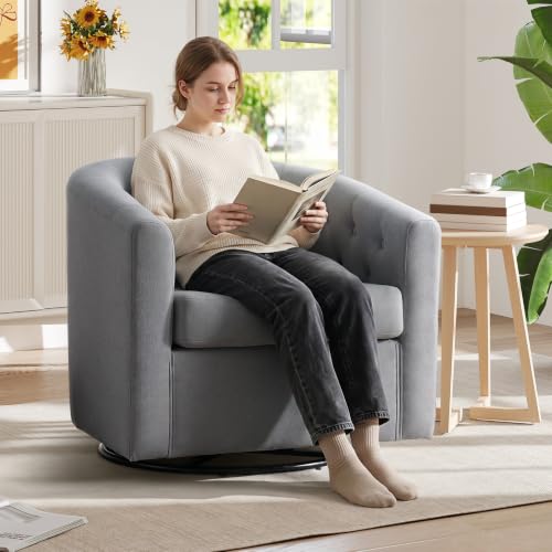 ANJ Swivel Accent Chair, 360 Degree Round Swivel Barrel Chairs with Padded Armrests & Comfy Backrest, Modern Linen Fabric Armchair for Living Room, Bedroom, Office, Grey - color: Grey
