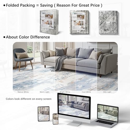 DCX Washable Abstract Area Rug 5x7, Non Slip Low Pile Rug, Blue | Easy to clean, non-shedding, soft, kid & pet friendly, with a non-slip rubber backing for living rooms, bedrooms, and offices - color: Blue & White, size: 5' x 7' (Rectangular)