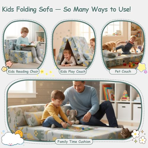 Kids Floor Sofa, Child Fold Up Sofa Couch Convertible Futon Folding Chair with Storage Bag for Kids, Green Dinosaur - color: Green Dinosaur
