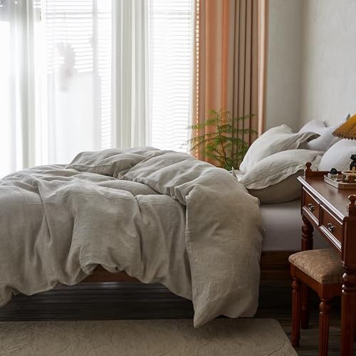 Simple&Opulence 100% Washed Linen Duvet Cover Set 78"x86" - 3 Pieces Soft Farmhouse Comforter Set Double Embroidered with Button Closure - 1 Duvet Cover and 2 Pillowshams (Linen, Full) - color: 2 Embroidery Linen, size: Full