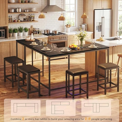 Bar Table and Chairs Set, 63'' L-Shaped Bar Table with 2 Stools, Counter Height Kitchen Table with Built-in Power Outlets, Left/Right/Straight Convertible Design, Faux Leather Upholstered Seating - color: Black