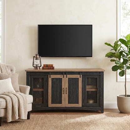 Martin Svensson Home Rustic 65" Wood Entertainment Center Black & Driftwood | Solid Pine, TV Stand, Sliding Doors, Adjustable Shelves & Cable Management, for TVs up to 70" - color: Black and Driftwood
