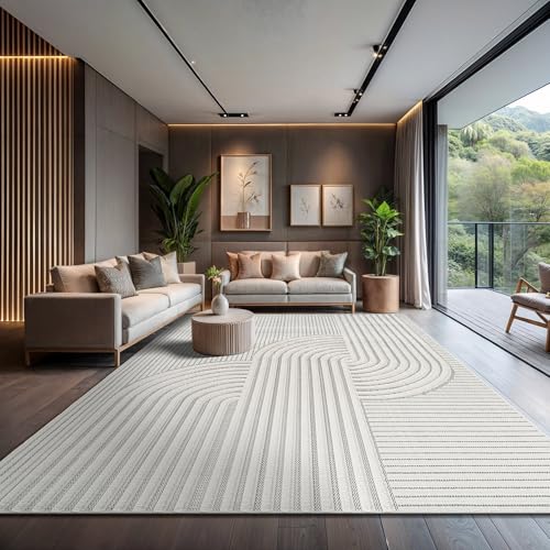Modern Rug 9x12 Luxury Swirl Curved Large Micro Loop Area Rugs Soft High-Low Pile Stain Resistant Easy to Clean Non-Shedding Durable Living Room Kitchen Indoor Carpet (White) - color: Curved / White, size: 9' x 12' (Rectangular)