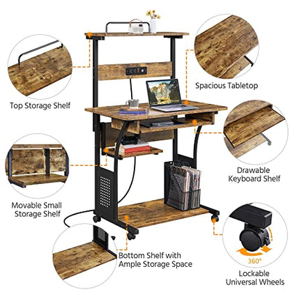 Topeakmart 3 Tiers Rolling Computer Desk with Power Outlet and USB Ports for Space Saving, Home Office Desk with Keyboard Tray and Printer Shelf on Wheels, Laptop PC Workstation Table, Rustic Brown - color: Rustic Brown