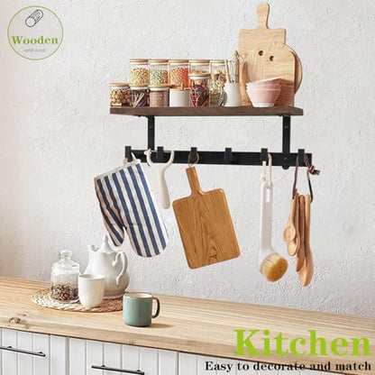 Coat Rack Wall Mounted with Shelf, Heavy Duty Wall Hooks with Wood Shelves Coat Hooks for Hanging Clothes Hats Towel Purse, Entryway Shelves with 6 Hooks for Bathroom (Dark Brown)