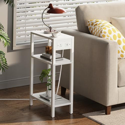 TUTOTAK Narrow Side Table, 3-Tier Small End Table with Charging Station | Skinny Sofa Table, Slim Nightstand, Easy Assembly for Living Room, Bedroom, White TB01BW079 - color: White, size: 3-tier