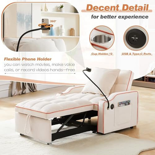 Sleeper Sofa Chair Bed 3 in 1 with Charging Ports, Phone Holder & Cup Holders - Modern Velvet Convertible Pull Out Single Sofa Bed for Small Spaces, Apartment, Dorm (Beige) - color: Beige