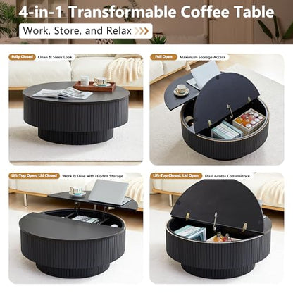 33" Round Coffee Table with Lift-Top & Flip-Top Storage, Modern Accent Fluted Coffee Tables with Metal Frame, Wooden Circle Center Table for Living Room Small Space Apartment Office (Black) - color: Black 33" Round Lift-top & Flip-top