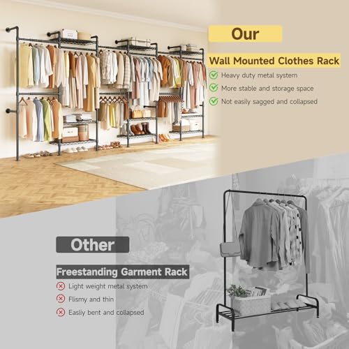 H6 Wall Mounted Closet System, Industrial Pipe Clothes Rack, Black | Metal Clothing Rack with 6 Telescopic Rods & 3 Fixing Rods & 9 Shelves, Heavy Duty Closet Organizers and Storage in Wardrobe - color: Black