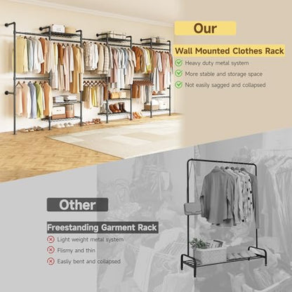 H6 Wall Mounted Closet System, Industrial Pipe Clothes Rack, Black | Metal Clothing Rack with 6 Telescopic Rods & 3 Fixing Rods & 9 Shelves, Heavy Duty Closet Organizers and Storage in Wardrobe - color: Black
