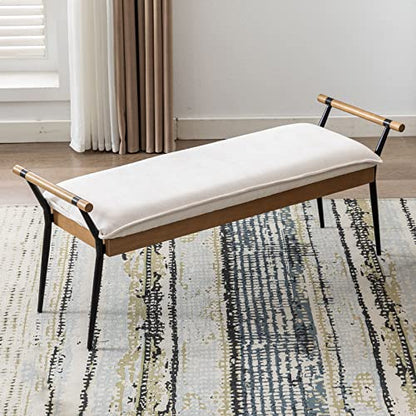 DUOMAY Modern Chenille Ottoman Bench with Arms & Metal Legs, White | Mid Century Rectangle Bench Footstool Dining Bench Entryway Shoe Bench For Bedroom Living Room - color: White