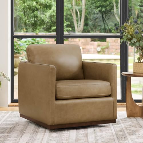 CHITA Genuine Leather Swivel Chair, Wood Frame, Fully Assembled, Mocha | Leather Arm Chair with 360° Swivel Solid Wood Base, Mid Century Modern Living Room Chair, 33"Dx30"Wx33"H, 300 Lb Capacity - color: Mocha