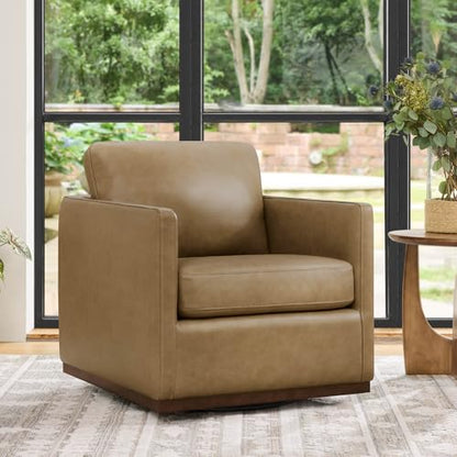 CHITA Genuine Leather Swivel Chair, Wood Frame, Fully Assembled, Mocha | Leather Arm Chair with 360° Swivel Solid Wood Base, Mid Century Modern Living Room Chair, 33"Dx30"Wx33"H, 300 Lb Capacity - color: Mocha