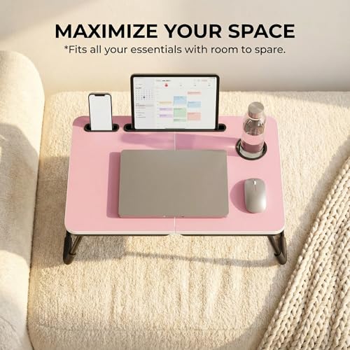 BUYIFY 23.4" Foldable Lap Desk Bed Table with Cup Holder Portable Tray | Folds Flat for Easy Storage, No Assembly Laptop Bed Desk, Sturdy and Lightweight, Patent Design,Pink - color: Pink