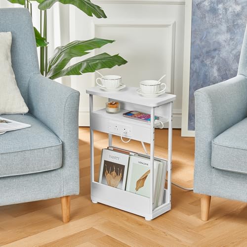 YEAKOO Narrow Side Table with Charging Station, 3-Tier End Table with 2 USB Ports & Power Outlets,Thin Sofa Side Table for Narrow and Small Spaces, Bedside Table Nightstand for Living Room,White - color: White