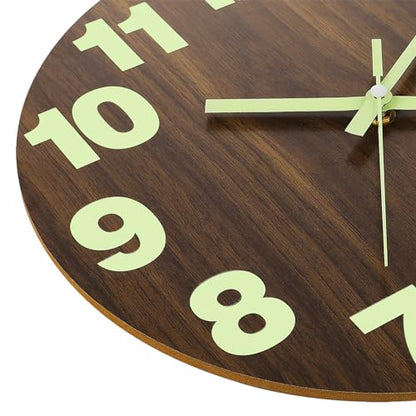Plumeet Night Light Wall Clock, 16 Inch Wooden Glow in the Dark Clock for Bedroom, Extra Large Silent Lighted up Wall Clock Luminous Numerals and Hands, Battery Operated for Living Room/Kitchen, Brown