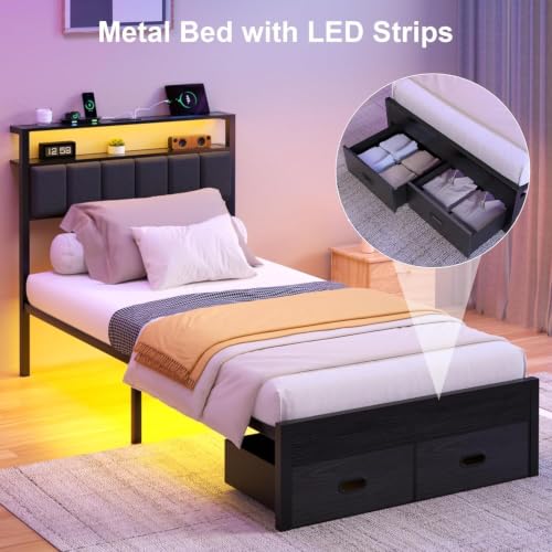 Twin Bed Frames with Storage Drawer, Platform Bed with Charging Station and LED Lights, Upholstered Headboard with 2-Tier Storage Shelves, No Box Spring Needed - size: Twin, style: Modern