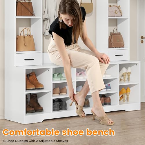 Farmhouse Hall Tree with 2 Independent Drawers,6-in-1 Entryway Bench with Coat Rack Adjustable Shoe Storage for Foyer/Hallway,White - color: White