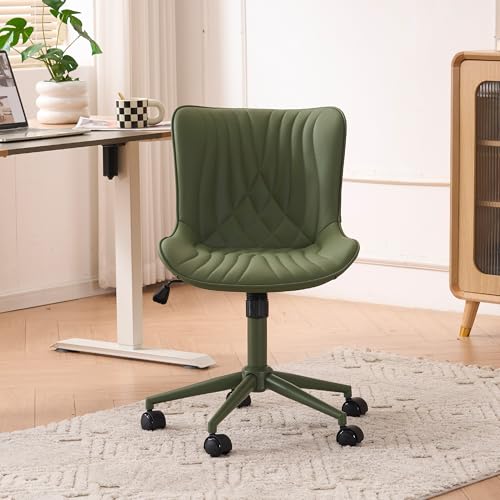YOUTASTE Green Armless Office Chair, Modern Adjustable Swivel Desk Chair with Wheels, Upholstered PU Leather, Green Metal Legs, Back Support for Home Office, Study, Vanity, Bedroom - color: All Green
