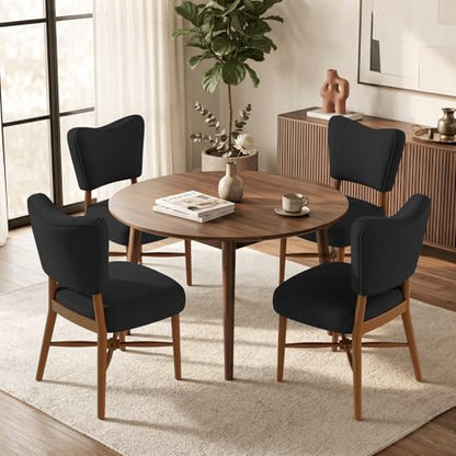 Mid Century Dining Chairs Set of 4, Linen Seat, Wood Legs, Black | Farmhouse, Upholstered Padded Cushion, Solid Wood Cross-Brace, Easy 15-Min Assembly, Kitchen Dining Room - color: Black, size: Set of 4