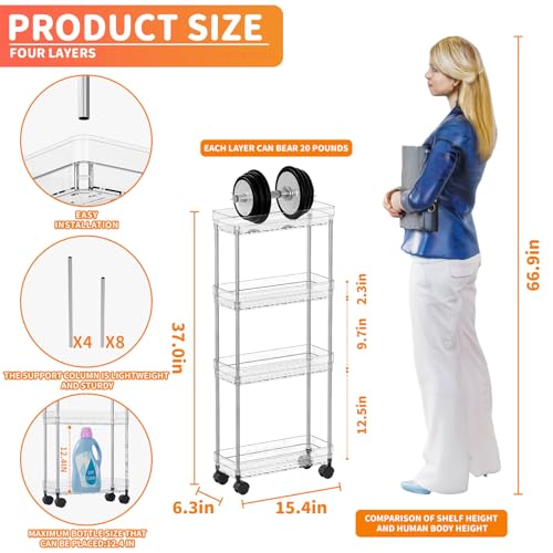 Clear 4 Tier Slim Rolling Storage Cart with Wheels,6.3″W Thin Shelf,Bathroom Storage Cabinet,Skinny Laundry Cart,Narrow Laundry Room Cart Between Washer and Dryer,Skinny Shelves for Small Space - style: 4 Tier
