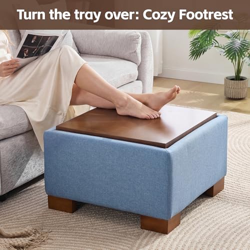WUTUTUEE 24" Square Ottoman Coffee Table with Storage, Fabric Ottomans with Tray and Solid Wood Legs for Living Room, Bedroom and Apartments, Small Modern Ottoman Tea Table with Lift-Off Lid, Blue - color: 24'' Blue Fabric