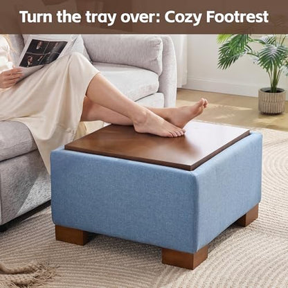 WUTUTUEE 24" Square Ottoman Coffee Table with Storage, Fabric Ottomans with Tray and Solid Wood Legs for Living Room, Bedroom and Apartments, Small Modern Ottoman Tea Table with Lift-Off Lid, Blue - color: 24'' Blue Fabric
