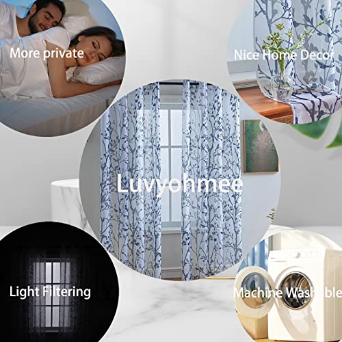 White Navy Blue Curtains 84 Inch Length 2 Panels Set, Semi Sheer Window Curtain Drapes for Living Room/Bedroom, Blue Nature Tree Branches Patterned Linen Textured Curtains, Grommet Top W52XL84 - color: Navy Blue, size: 52"W x 84"L (Pack of 2)