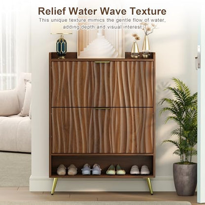 Shoe Storage Cabinet with with 2 Flip Drawers, Entryway Shoe Rack Organizer with Water Ripple Textured Front, Slim Shoe Cabinet with Gold Metal Legs for Hallway, Living Room, Walnut - size: 9.4"D x 31.5"W x 42.9"H