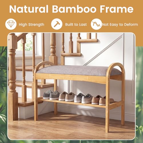 GOFLAME Bamboo Shoe Rack Bench, 2-Tier Entryway Bench with Padded Seat Cushion and Storage Shelf, Shoe Rack Organizer for Hallway, Bedroom, Living Room - style: Without Storage