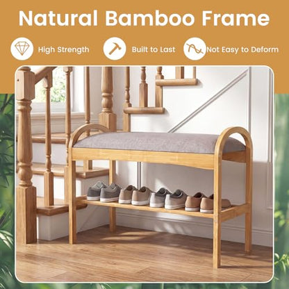 GOFLAME Bamboo Shoe Rack Bench, 2-Tier Entryway Bench with Padded Seat Cushion and Storage Shelf, Shoe Rack Organizer for Hallway, Bedroom, Living Room - style: Without Storage