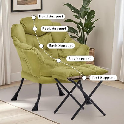 Lazy Chair with Ottoman, Comfy Reading Chair, Olive Green | Cushioned Seat with Foldable Ottoman and Side Pocket, Lounge Chair for Bedroom, Living Room, Dorm and Small Spaces - color: Sage Green