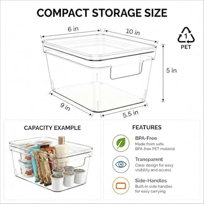 MOONEDGE 6-Pack 10x6x5 Stackable Small Clear Storage Bins with Lids | Plastic small item organizer containers with handles for vanity, craft, office, fridge, kitchen, pantry, bathroom and closet - size: 6 pack