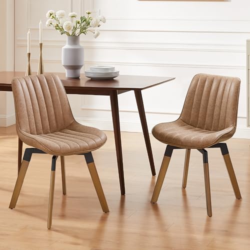 Mid Century Upholstered Swivel PU Dining Chairs Set of 2 Brown | 360° swivel curved foam-padded seat armless design dining room chairs accent chairs solid wood legs floor protection pads - color: Brown, size: Set of 2-PU