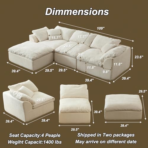 Cloud Couch Sectional for Living Room, Modular L Shaped Boneless Sofa with Chaise, Compressed No Assembly Couch, Deep Seat Chenille Upholstered Convertible Sofa Bed (White) - color: Warm White