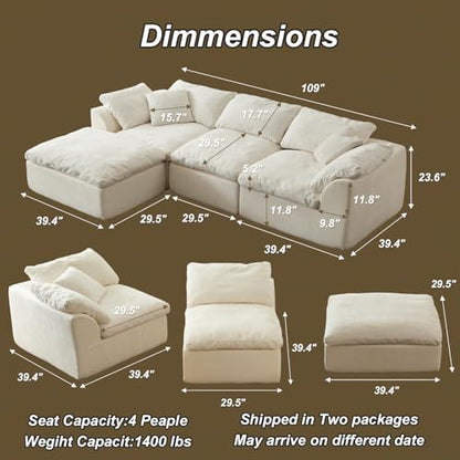 Cloud Couch Sectional for Living Room, Modular L Shaped Boneless Sofa with Chaise, Compressed No Assembly Couch, Deep Seat Chenille Upholstered Convertible Sofa Bed (White) - color: Warm White