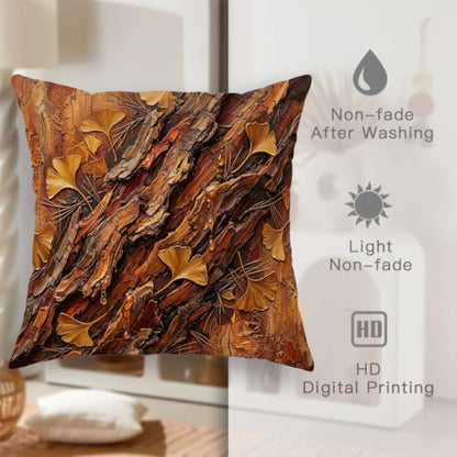 Ginkgo Leaves Throw Pillow Covers Set of 2, Natural Rustic Bark Texture Wood Grain Fall Brown Soft Velvet Washable Couch Pillow Covers for Living Room Bedroom Loft Office Car Decor 14x14 Inch - size: 14" x 14" (Pack of 2)